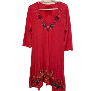 Johnny Was V-Neck Coral Embroidered Dress Size Large